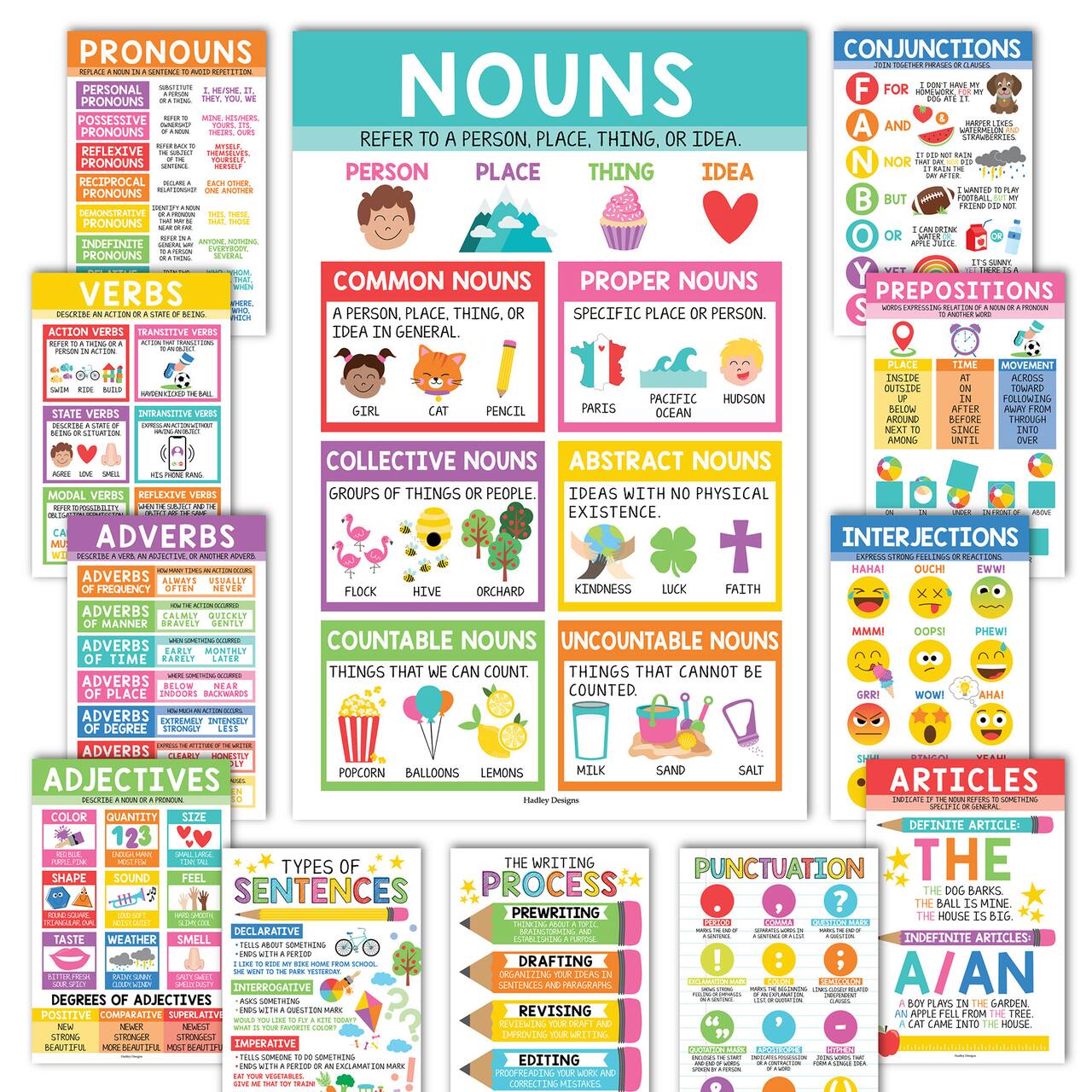 Hadley Designs 11" x 17" Colorful Parts of Speech Language Arts and Grammar Laminated Posters Set